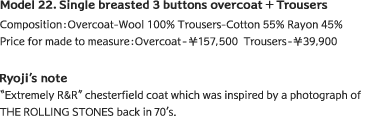 Model 22. Single breasted 3 buttons overcoat + Trousers