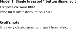 Model 1. Single breasted 1 button dinner suit